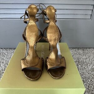 Sergio Rossi Grecian ankle wrap snake embossed bronze leather stiletto Sz39/9